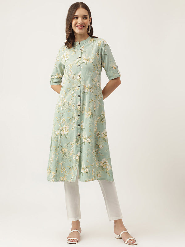 Jashvi Green Cotton Ethnic Motifs Floral Print Kurta