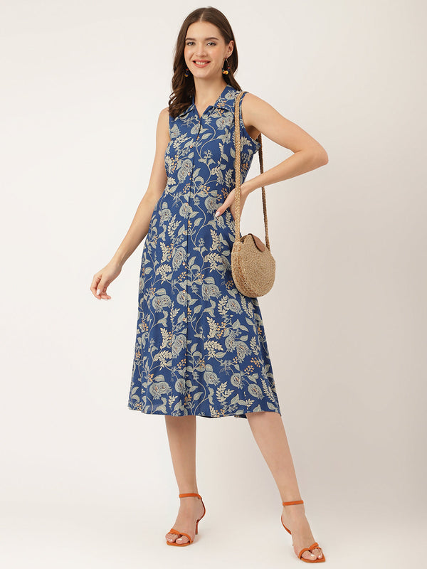 Women's Blue Floral Print Rayon A-Line Midi Dress with Attached Sleeves for Women - Taantav