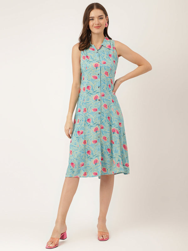 Jashvi Blue Floral Print Rayon A-Line Midi Dress with Attached Sleeves for Women