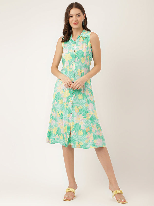 Women's Green Floral Print Rayon A-Line Midi Dress with Attached Sleeves for Women - Taantav