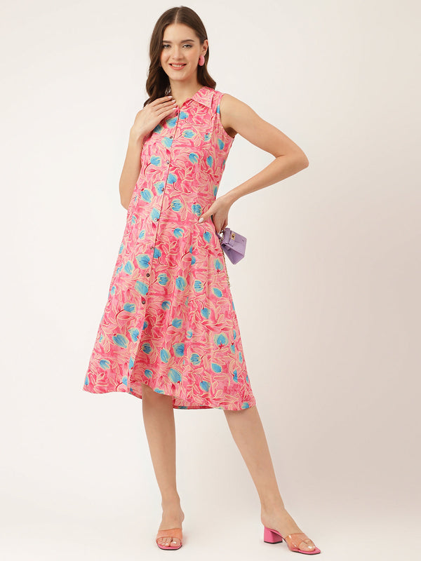 Women's Pink Floral Print Rayon A-Line Midi Dress with Attached Sleeves for Women - Taantav