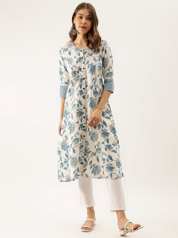 Women's Blue Floral Printed A-line Kurta - Taantav