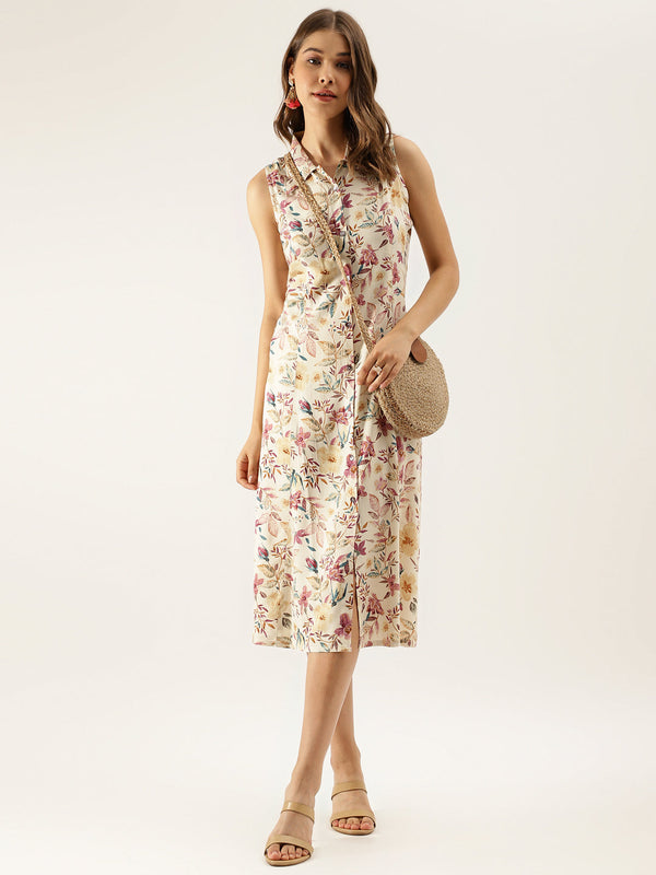 Women's Cream Floral Printed Rayon Midi Dress With Attached Sleeves - Noz2Toz