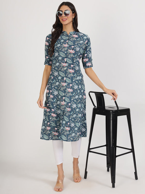 Women's Navy Blue Floral Printed Rayon A-line Kurta - Taantav