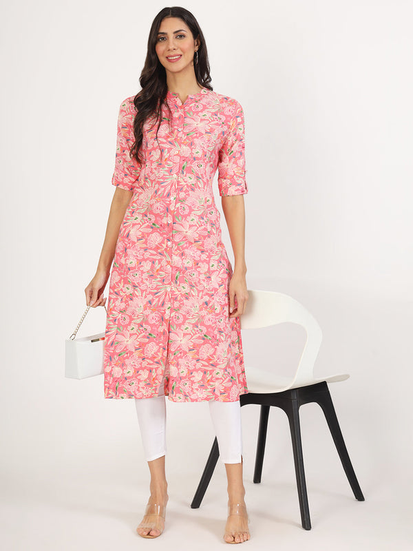 Women's Pink Floral Printed Rayon A-line Kurta - Taantav