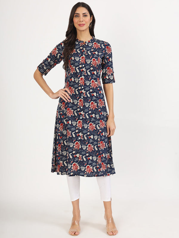 Women's Black Floral Printed Rayon A-line Kurta - Taantav