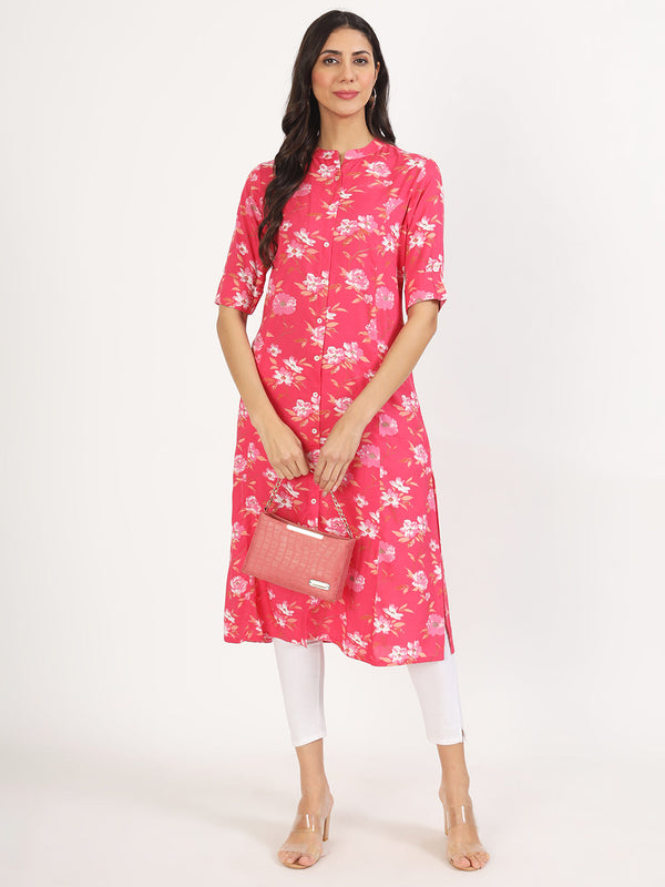 Women's Blue Floral Printed Rayon A-line Kurta - Taantav