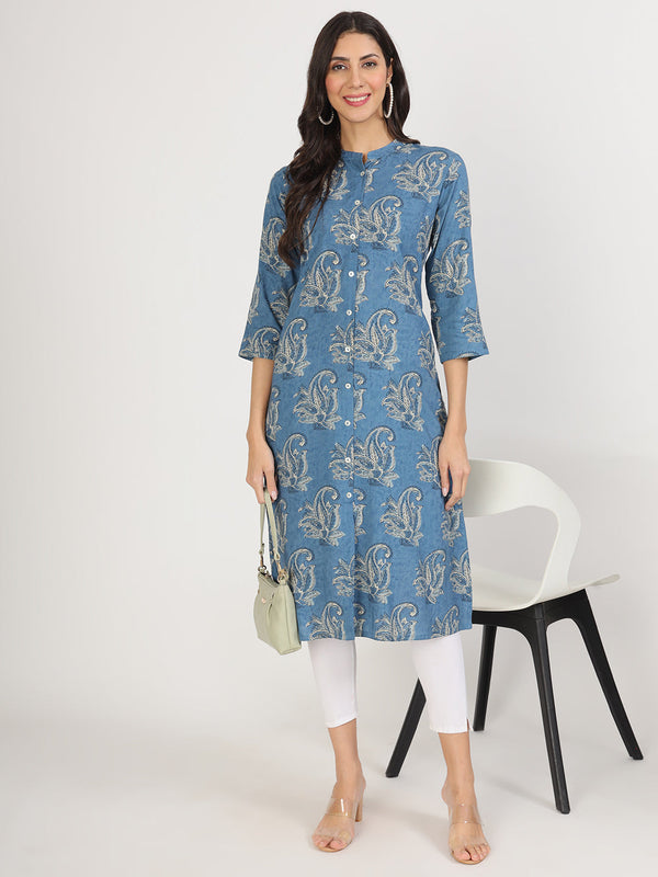 Women's Blue Floral Printed Rayon A-line Kurta - Taantav