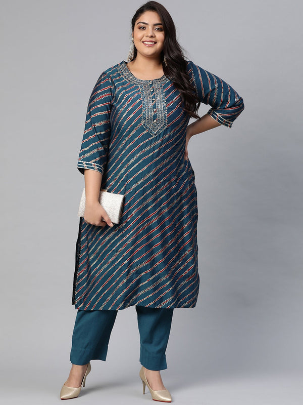 Women's Blue Lahariya Kurta With Cotton Flex Pant Set - Noz2Toz