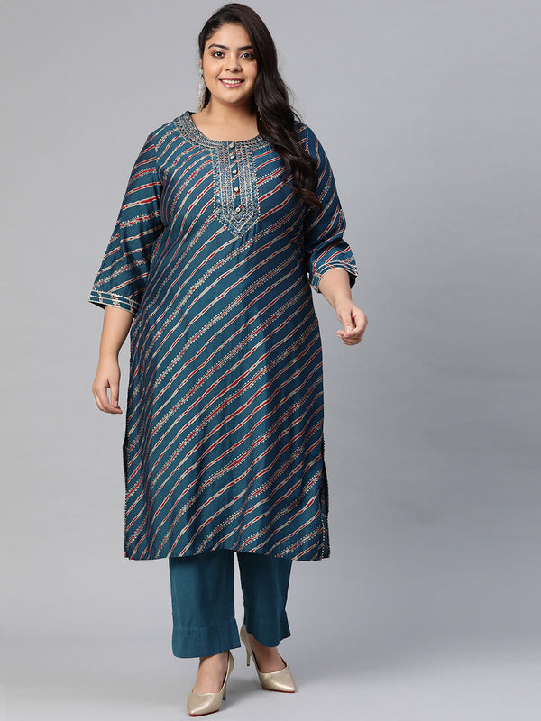 Women's Blue Lahariya Kurta With Cotton Flex Pant Set - Wahenoor