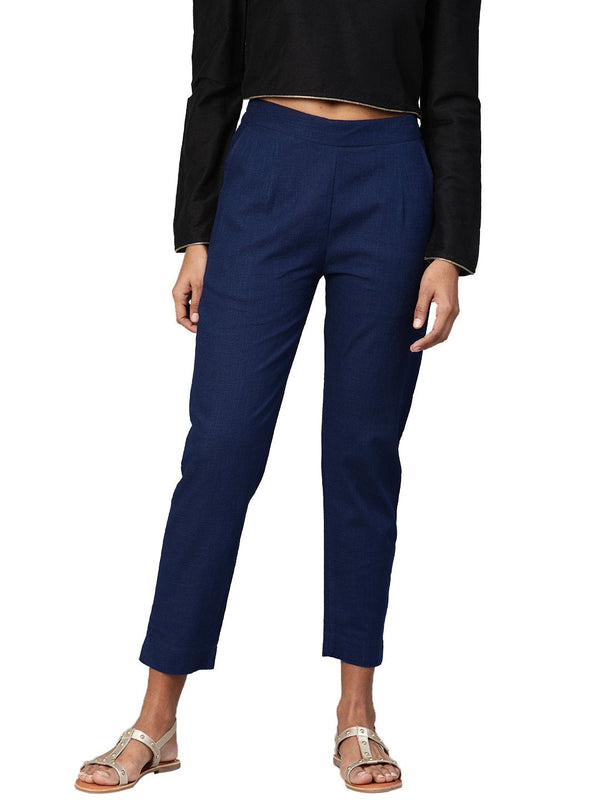 Women's Blue Cotton Trouser - Divena