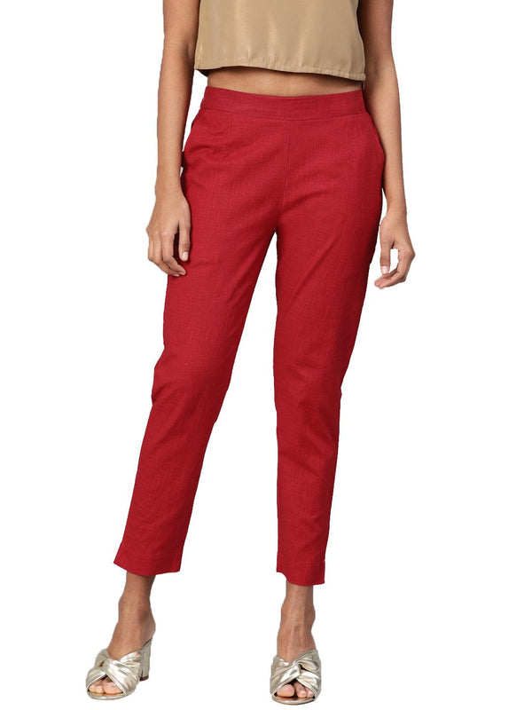 Women's Maroon Cotton Trouser - Divena