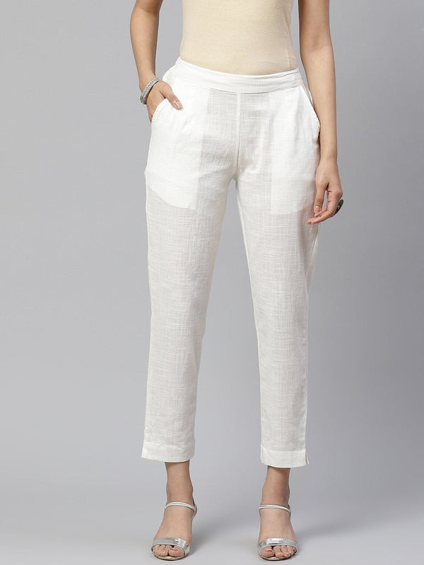 Women's Off White Cotton Trouser - Divena