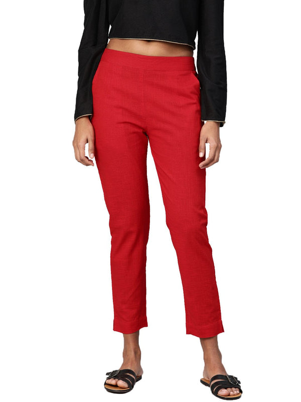 Women's Red Cotton Trouser - Divena