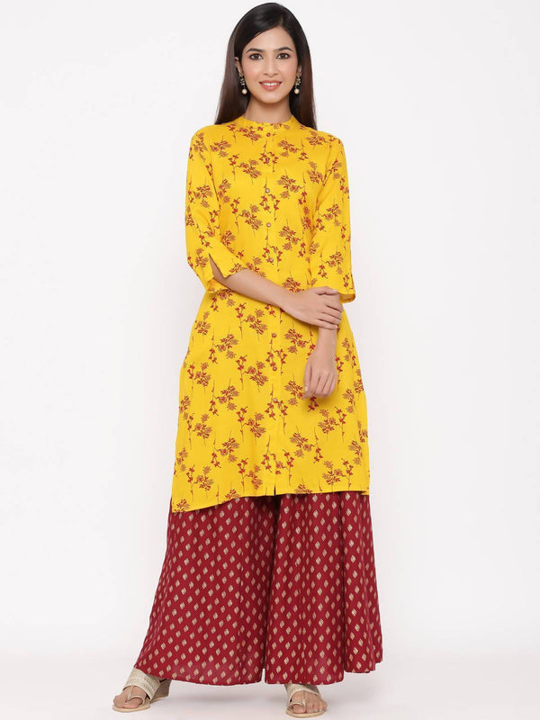 Buy_Women's_Mustard_Rayon_Printed_A-Line_Kurta_Online_Indiakreations