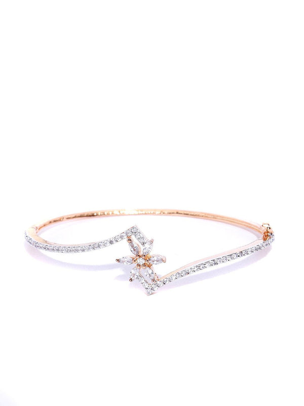 Women's Rose Gold-Plated American Diamond Studded Bracelet in Floral Pattern - Priyaasi