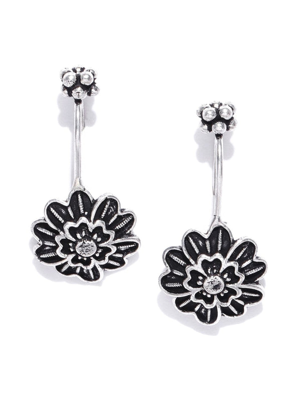 Women's  Black Silver Plated Oxidised Flower Earcuff For Women - Priyaasi