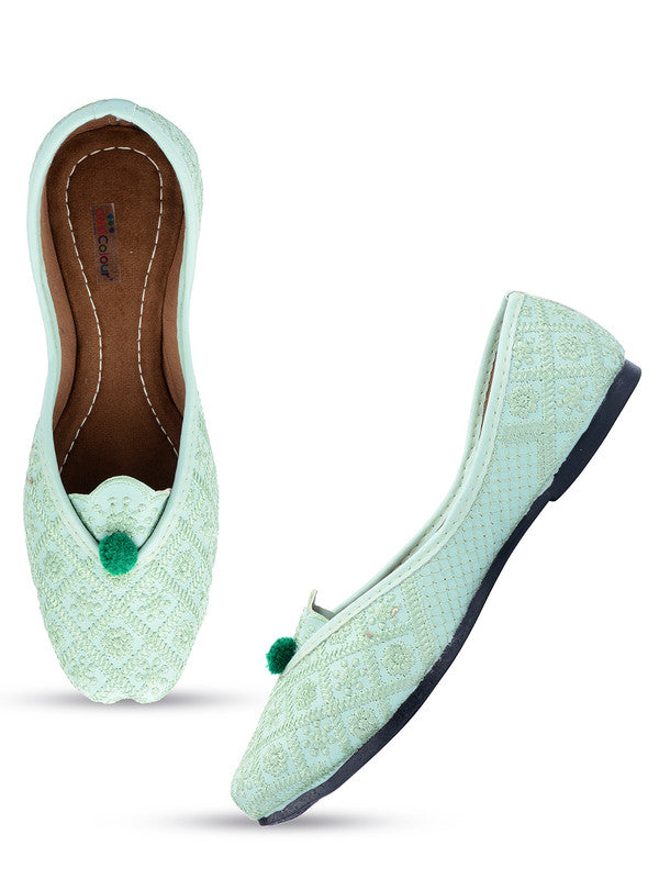 Women's Sea Green Embroidered Indian Handcrafted Ethnic Comfort Footwear - Desi Colour