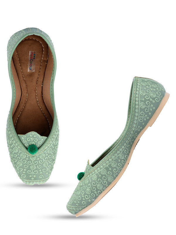 Women's Green Embroidered Indian Handcrafted Ethnic Comfort Footwear - Desi Colour