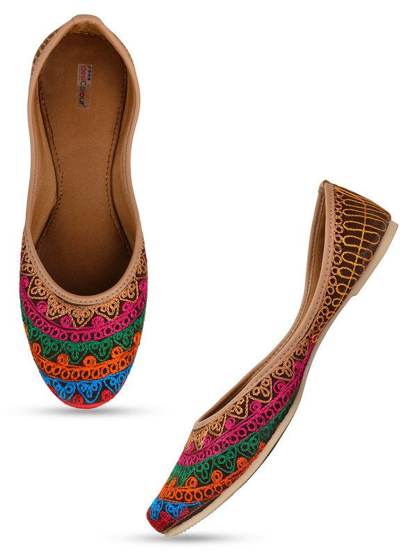 Women's Multicolour Embroidered Indian Handcrafted Ethnic Comfort Footwear - Desi Colour