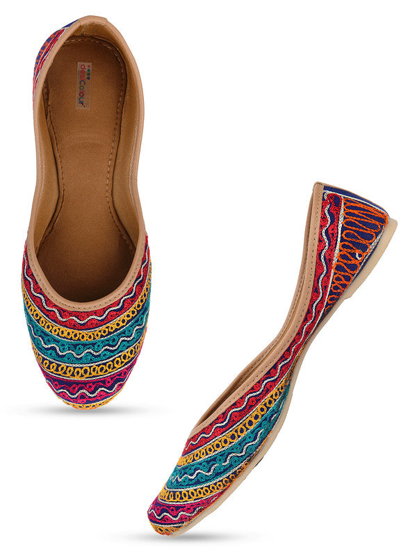 Women's Multicolour Embroidered Indian Handcrafted Ethnic Comfort Footwear - Desi Colour