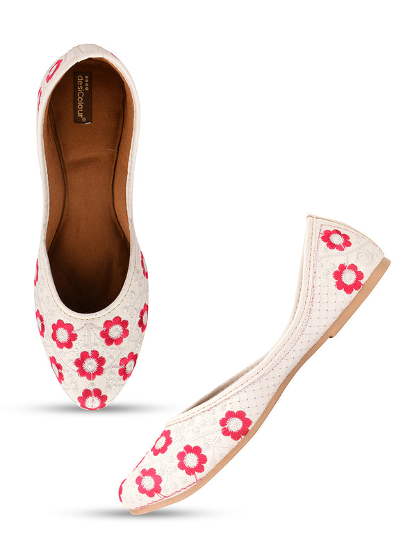 Women's White Floral  Indian Ethnic Comfort Footwear - Desi Colour