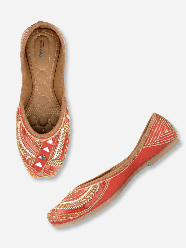 Women's Red Hand Embroidered Indian Handcrafted Ethnic Comfort Footwear - Desi Colour