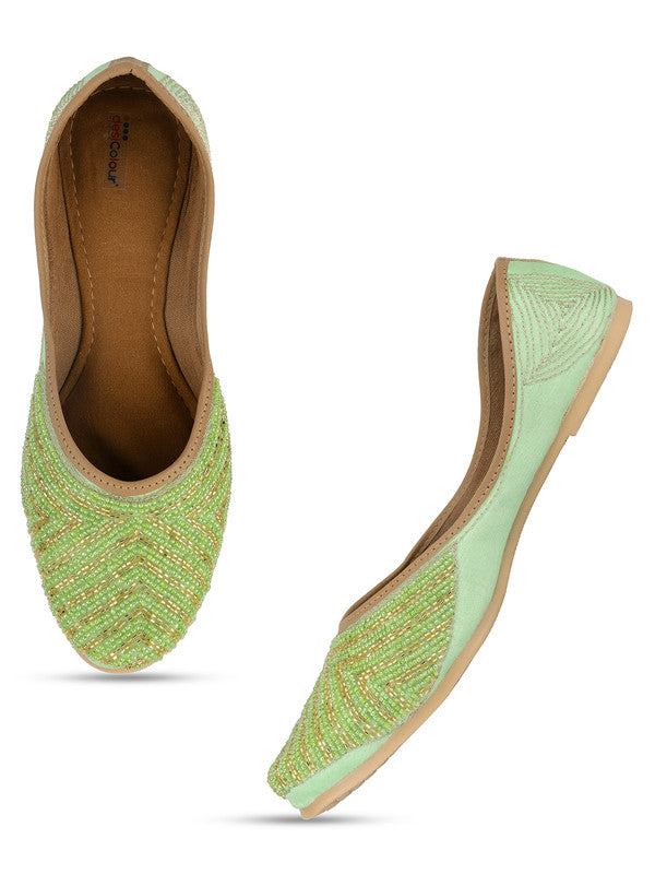 Women's Green Hand Embroidered Indian Handcrafted Ethnic Comfort Footwear - Desi Colour