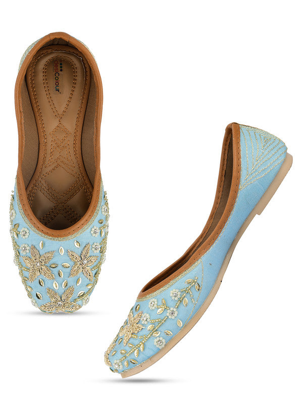 Women's Sky Blue Hand Embroidered Indian Handcrafted Ethnic Comfort Footwear - Desi Colour