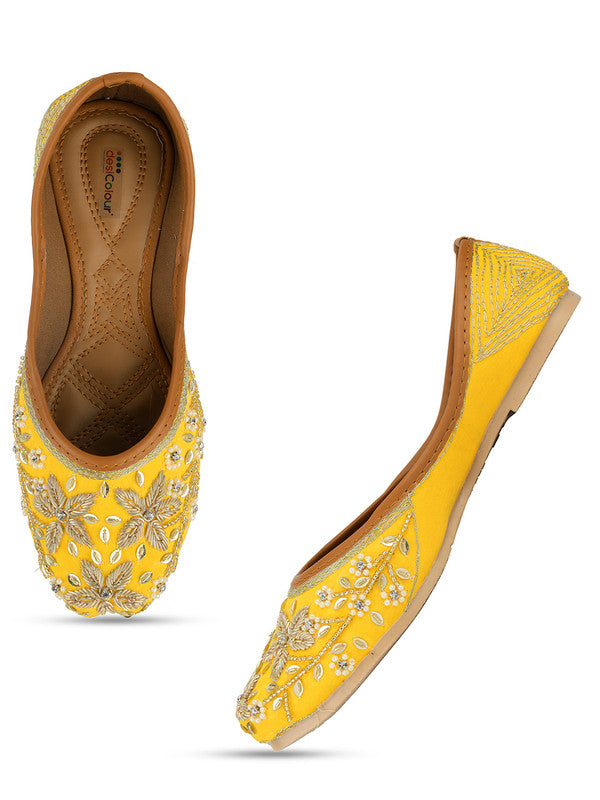 Women's Yellow Hand Embroidered Indian Handcrafted Ethnic Comfort Footwear - Desi Colour