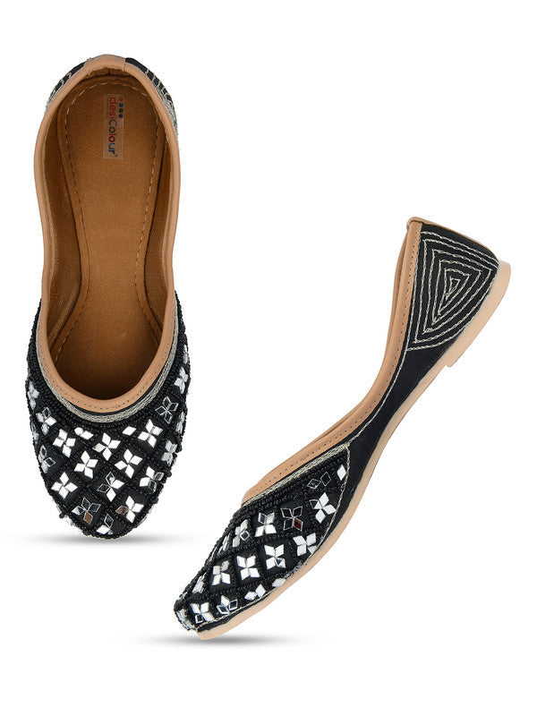 Women's Black Hand Embroidered Indian Handcrafted Ethnic Comfort Footwear - Desi Colour