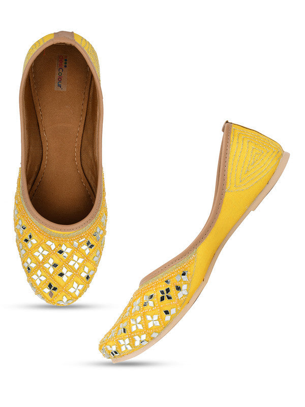 Women's Yellow Hand Embroidered Indian Handcrafted Ethnic Comfort Footwear - Desi Colour