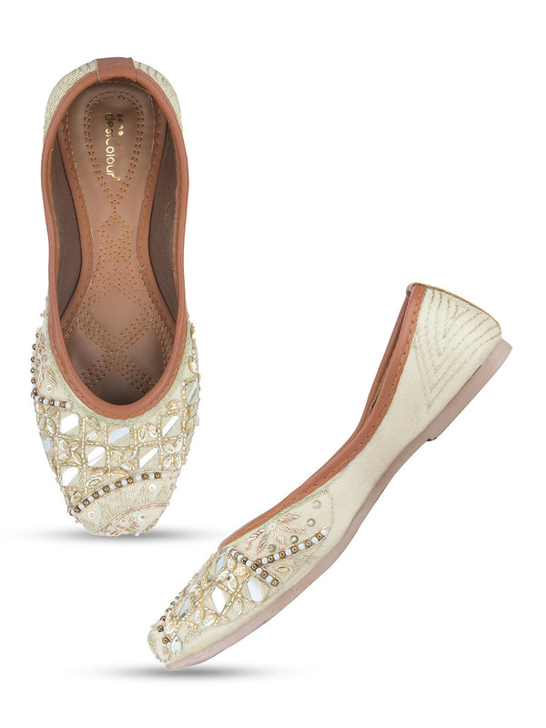 Women's White Designer Dabka  Indian Ethnic Comfort Footwear - Desi Colour