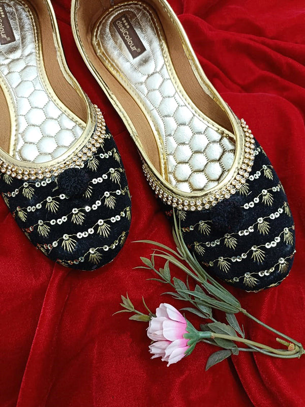 Women's Black Velvet Star Womens Indian Ethnic Comfort Footwear - Desi Colour