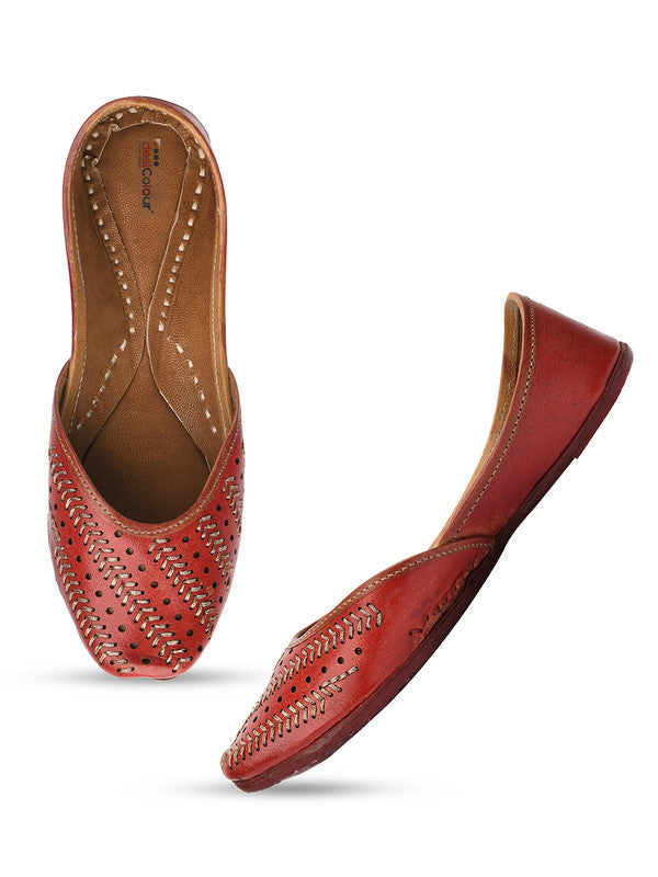 Women's Red Zari Womens Indian Ethnic Leather Footwear - Desi Colour