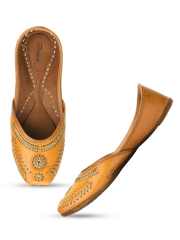 Women's Tan Zari Womens Indian Ethnic Leather Footwear - Desi Colour