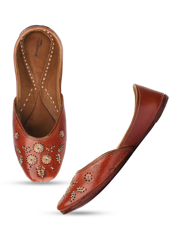 Women's Brown Zari Work Womens Indian Ethnic Leather Footwear - Desi Colour