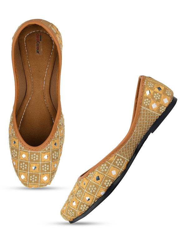 Women's Gold Embroidered Indian Handcrafted Ethnic Comfort Footwear - Desi Colour