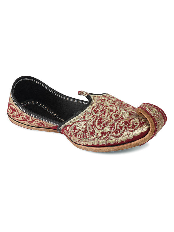 Men's Indian Ethnic Handrafted Maroon Premium Leather Embroidered Footwear - Desi Colour