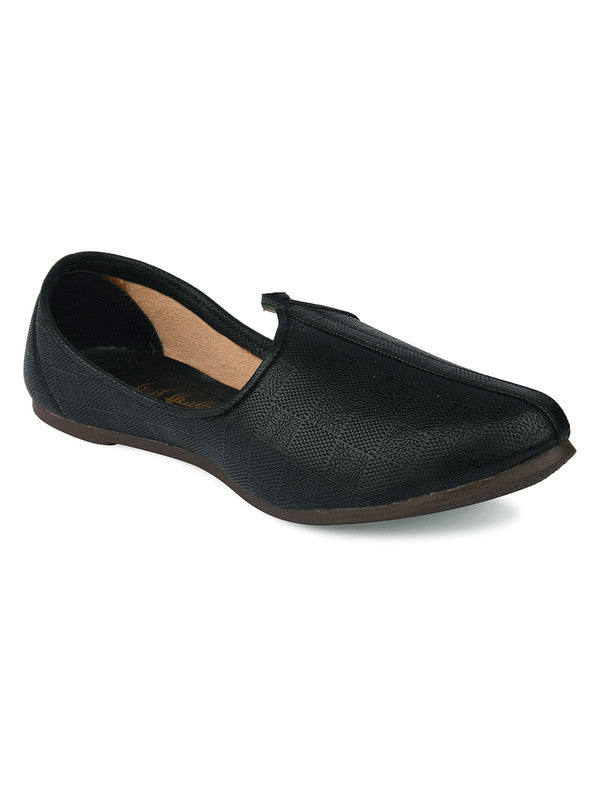 Men's Indian Ethnic Party Wear Textured Black Footwear - Desi Colour