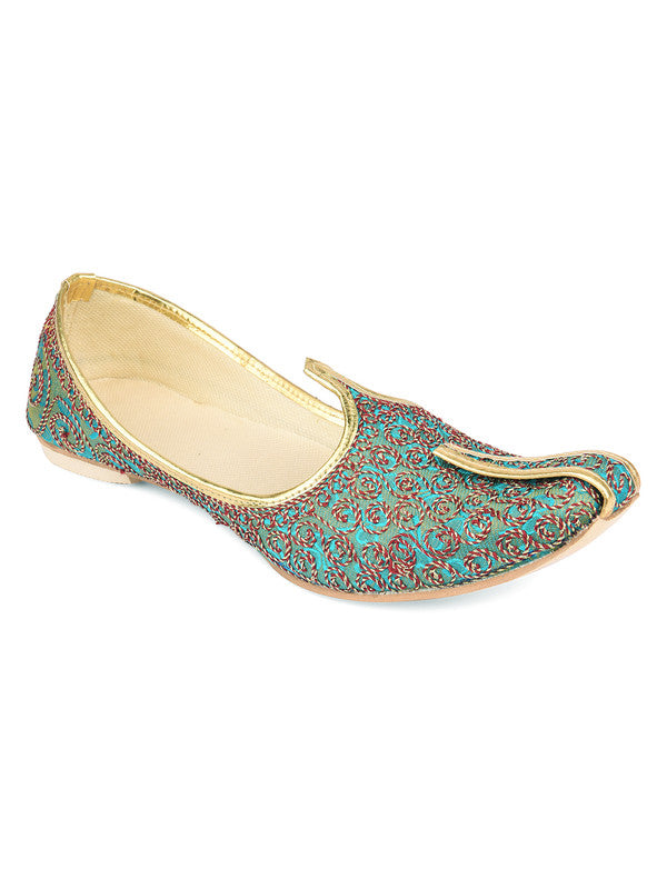 Men's Indian Ethnic Party Wear Sea Green Embroidered Footwear - Desi Colour