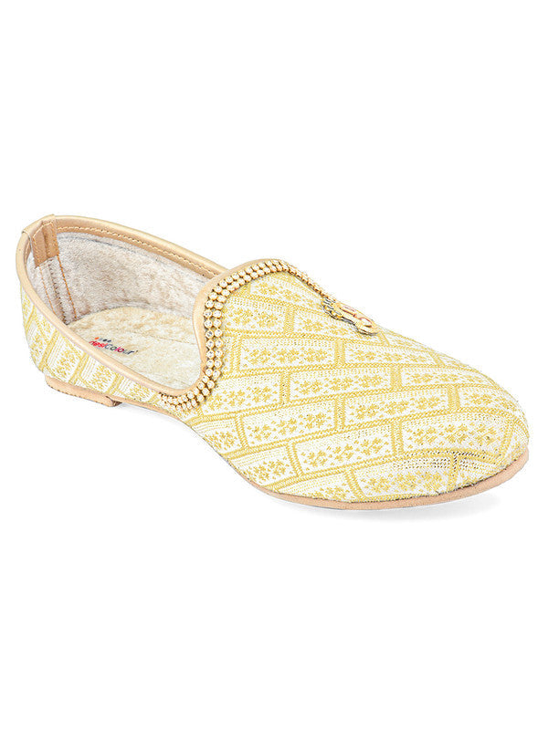 Men's Indian Ethnic Party Wear Embroidered Golden Footwear - Desi Colour