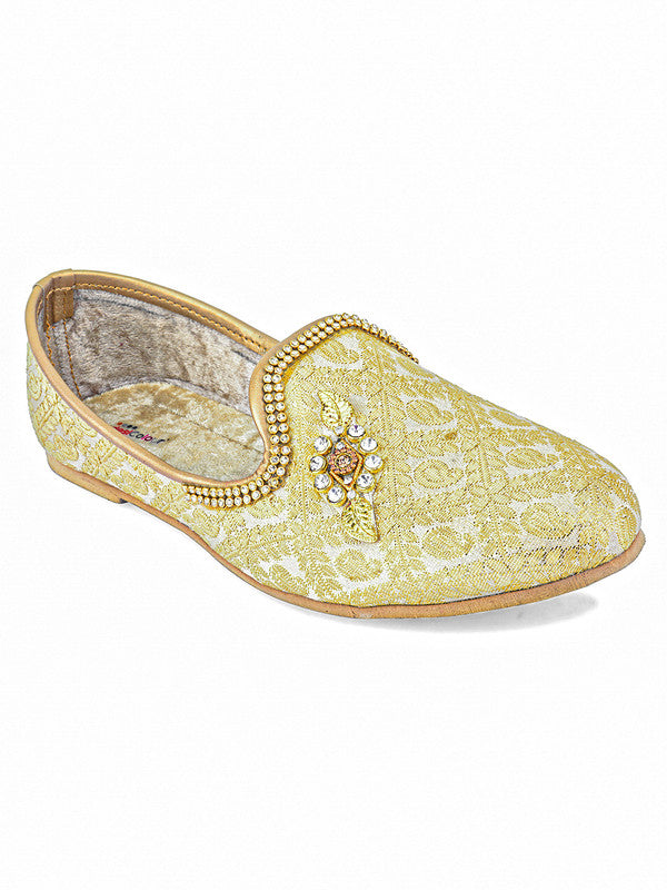 Men's Indian Ethnic Party Wear Embroidered Golden Footwear - Desi Colour