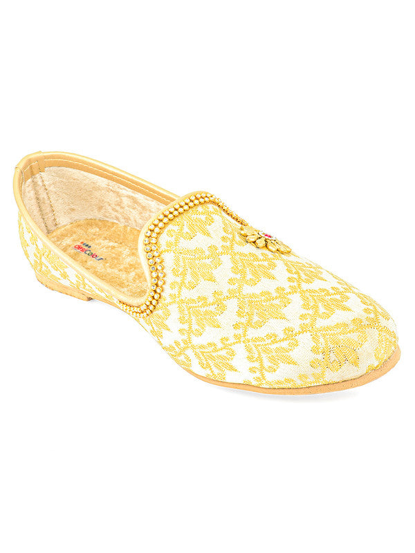 Men's Indian Ethnic Party Wear Embroidered Golden Footwear - Desi Colour