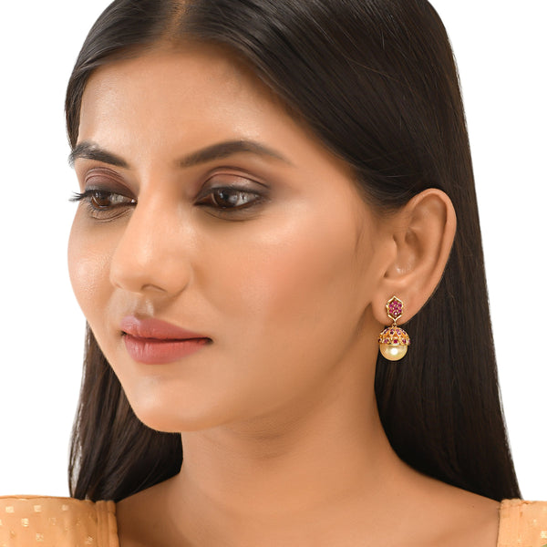 Women's Cz Traditional Gold Plated Red Jhumka Earrings - Voylla