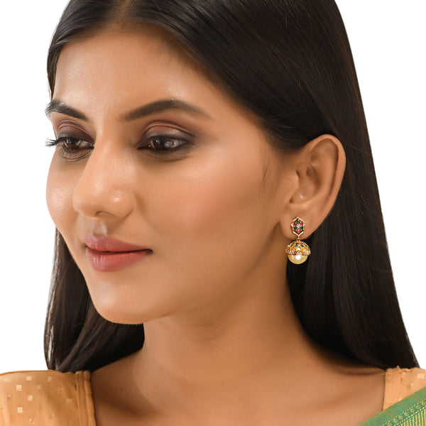 Women's Cz Traditional Gold Plated Red & Green Jhumka Earrings - Voylla