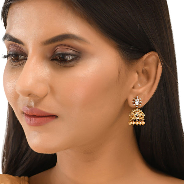 Women's Cz Traditional Gold Plated White Jhumka Earrings - Voylla