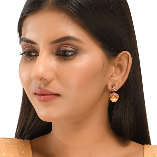 Women's Cz Traditional Gold Plated Red Jhumka Earrings - Voylla