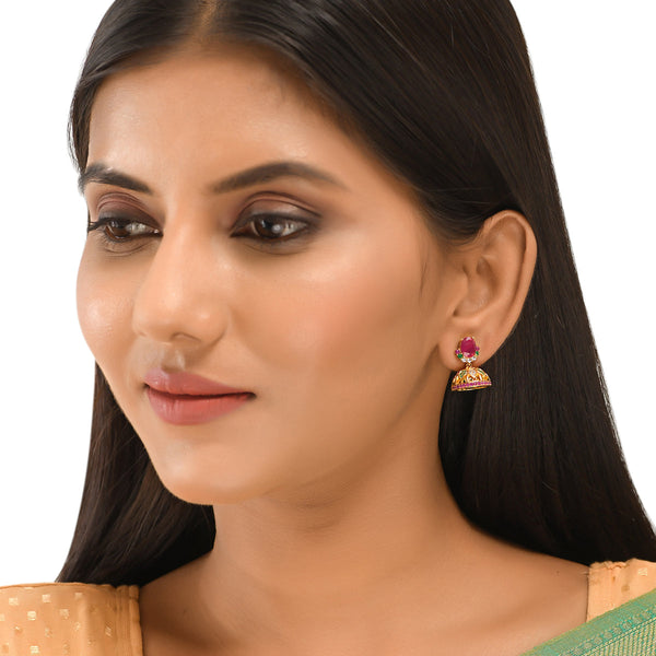 Women's Cz Traditional Gold Plated Red & Green Jhumka Earrings - Voylla