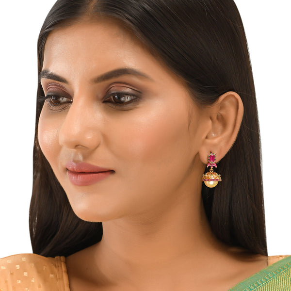 Women's Cz Traditional Gold Plated Red & Green Jhumka Earrings - Voylla